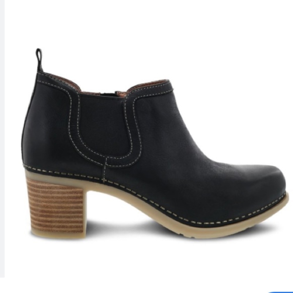Dansko Black Leather Ankle Bootie with Stacked Wood Heel